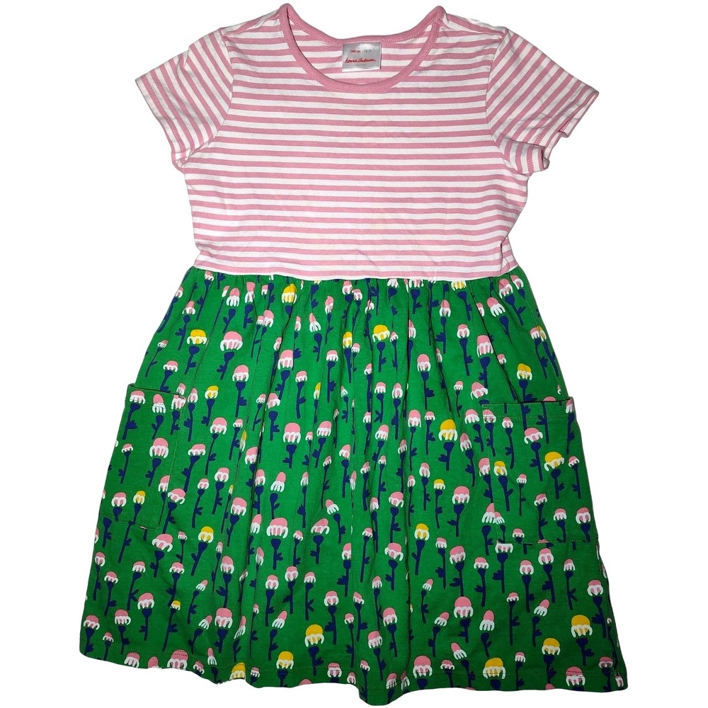 Hanna Andersson Sz 10 Girls Pink White Stripe Green Flower Dress Pockets 140